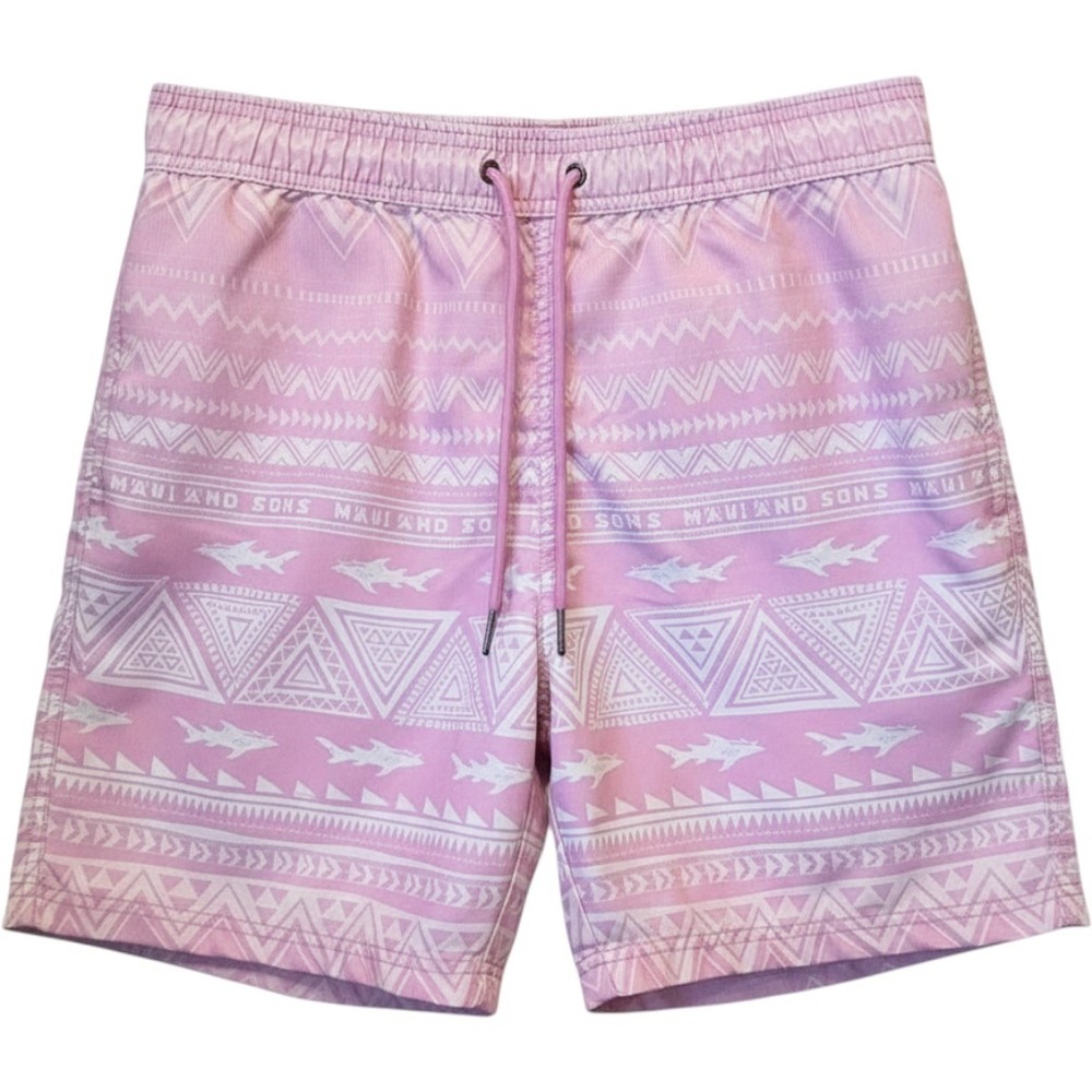 Maui and Sons Tribal Shark Swim Trunks Elastic Waist Pink Geometric Surf Large